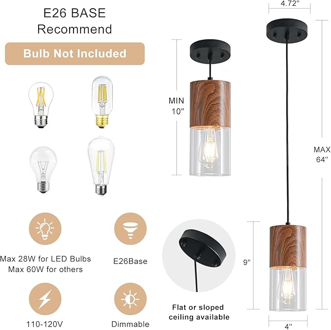 3-Pack Modern Pendant Lights for Kitchen Island, Adjustable Pendant Light Fixtures with Brown Wood Grain, Industrial Clear Glass Pendant Lights for Dining Table Hallway Bedroom Living Room