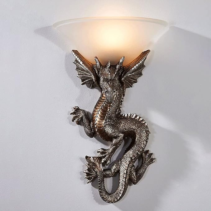 Wall Sconces Lighting Mystic Dragon Resin Wall Sconces Fixture Mystic Dragon Retro Sconce Lamp with Glass Shade for Hallway Stairs Bedside Bedroom
