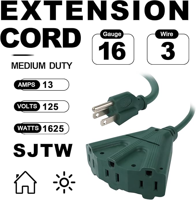 EP 10 Ft Outdoor Extension Cord with 3 Electrical Power Outlets - 16/3 SJTW Green Cable with 3 Prong Grounded Plug for Safety Great for Christmas Lights, Garden and Major Appliances
