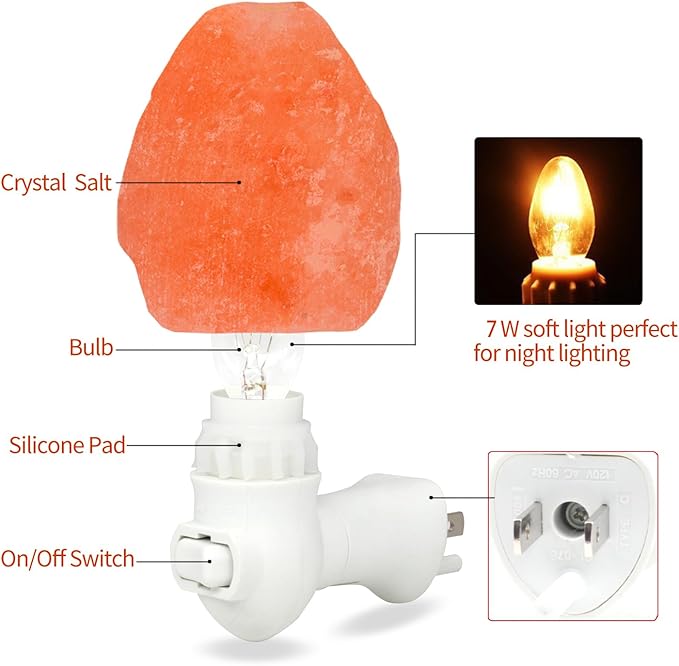 Betus Natural Crystal Himalayan Salt Wall Lamp - Air Purifying Night Light - 360° Rotatable Plug 7W Bulb - Natural