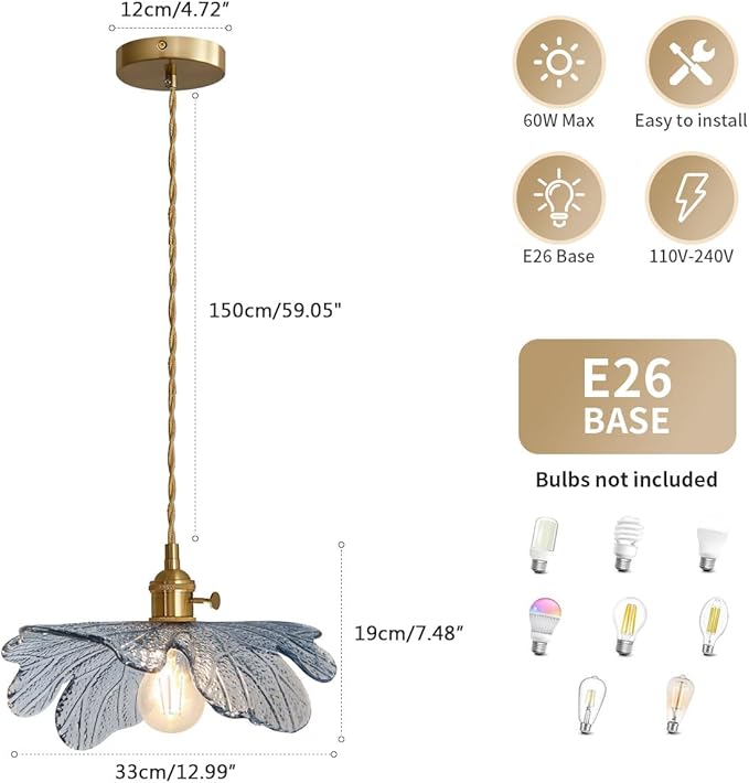 vintage pendant light glass pendant light Brushed Brass Pendant light fixtures Farmhouse Pendant Lighting with blue Glass Shade 1-light Hand Blown Hanging Light for Kitchen Dining Room Bedroom