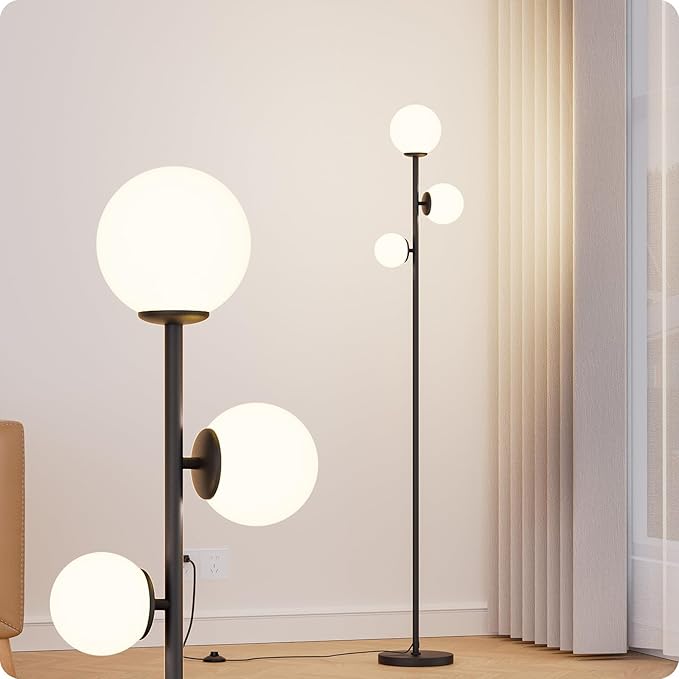 Floor lamp with 3 Frosted Glass Shades,Stangding Lamp Floor Lamps for Living Room Bedroom Office with 3 led Bulbs,Tall lamp with Foot Switch (Black)