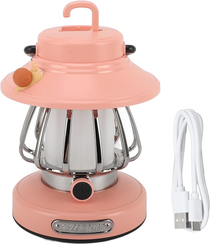 Vintage Lantern Decorative,Hanging Lantern Decor,Camping Lantern Portable Tent Light Emergency Light,Retro Rechargeable Camping Lantern,Infinite Dimming 3 Level Color Temperature (Pink)