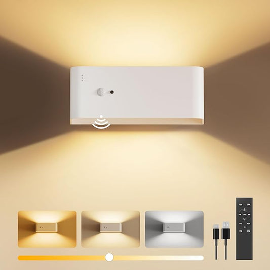 Motion Sensor Wall Sconce Indoor, 3 Colors Cordless Wall Lamp LED Wall Sconces Rechargeable Lamp, Remote Control, 8000mAh Battery Operated Wall Lights Brightness Adjustable for Bedroom White 1P