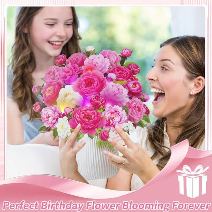 Birthday Cards with MUSIC & LIGHTS, Pop Up Happy Birthday Cards, Pink Penoy, 10 Inch Life Sized Forever Flower Bouquet Greeting Card Gifts for Women Mom Grandma