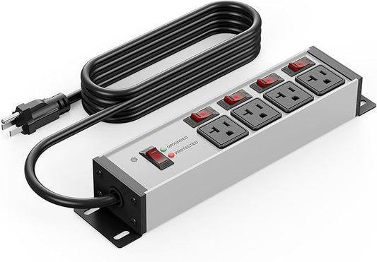 CCCEI Heavy Duty Surge Protector Power Strip 20 Amp Individual Switches. 6FT 12 Gauge Extension Cord with Multiple Outlets. Kitchen, Garage, Shop, Industrial Wall Mount Electric Extender, Grey.