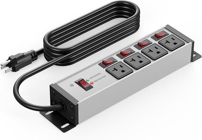 CCCEI Heavy Duty Surge Protector Power Strip 20 Amp Individual Switches. 25FT 12 Gauge Extension Cord with Multiple Outlets. Kitchen, Garage, Shop, Industrial Wall Mount Electric Extender, Grey.