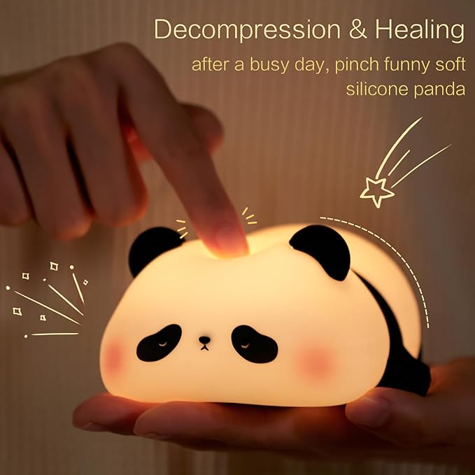 Panda Cute Night Light, Squishy Panda Kids Lamp, Rechargeable Dimmable Animal Light Decor, Pandas Gifts, College White Elephant Gift, LED Touch Nightlight for Baby Boy Girl, Safe Silicone