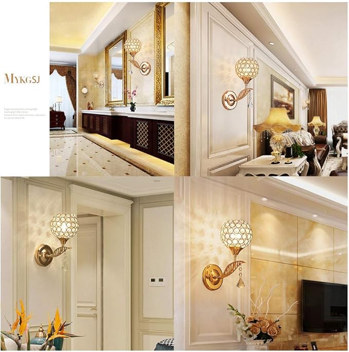 Modern Crystal Wall Light Pendent Lamp Chrome Finish Bedroom Sconce Lighting Fixture with Pull Cord Switch, E14 Socket (Gold)