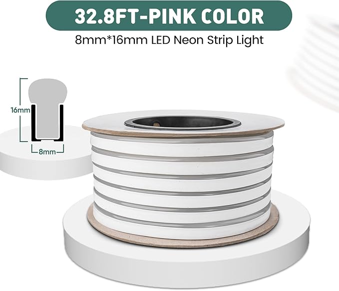 GZBtech Flexible LED Neon Rope Lights 33FT,AC 110-120V Waterproof Strip Light, 120 LEDs/M Cuttable Connectable Neon Lighting for Indoor Outdoor Home Decor/Commercial Building Use-Pink 10M, ETL Listed