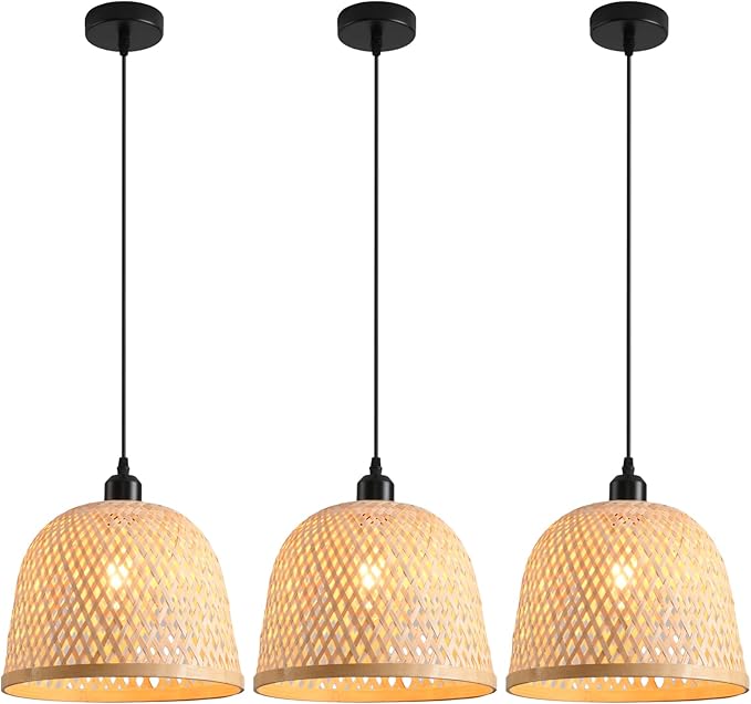 Bamboo Pendant Light 11.02" Hand Woven Bamboo Chandelier,3-Pack Rattan Ceiling Hanging Light,for Living Room Kitchen Dining Room Farmhouse