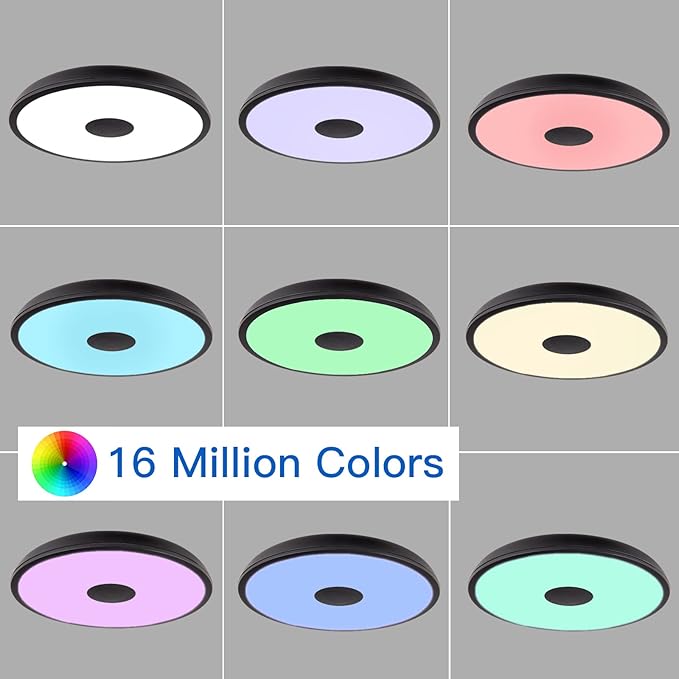 Black Waterproof LED Flush Mount Ceiling Light Fixture,with Bluetooth Speaker,11 Inch,18 watt,Dimmable Music Lamp,RGB Color Changing Light with Remote Control,for Bathroom,Shower,Bedroom