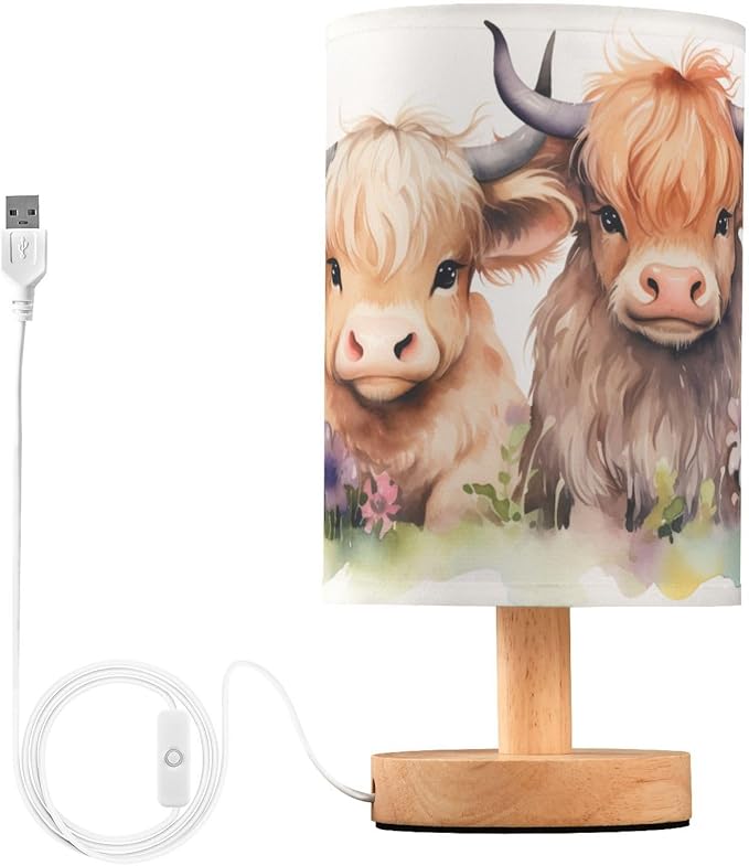 Bedside Table Lamp Cute Highland Cows Flower Nightstand Lamp with Wood Desk Lamps for Bedroom Living Room Nursery Office Home Decor