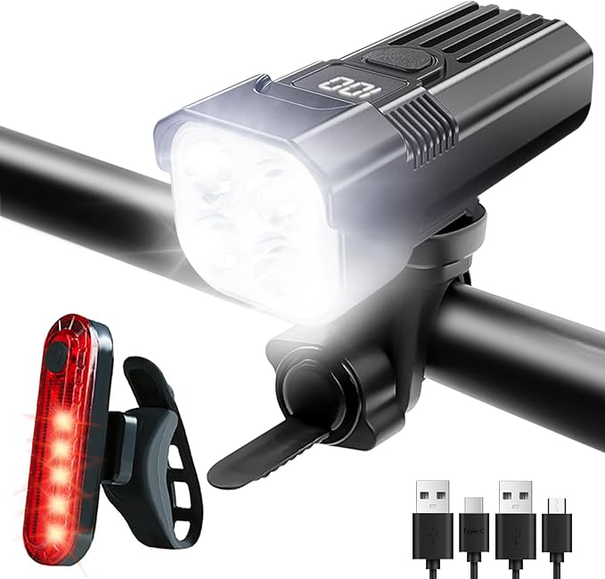 Super Bright Real 2000 Lumens Bike Lights for Night Riding,Rechargeable Bicycle Lights Front and Rear,Road Mountain Bike Headlight and Taillight,IP65 Waterproof Bicycle Headlight