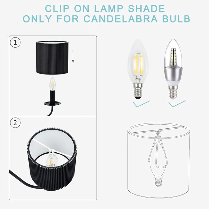 LAMPWELL KETTE Clip-on Pleated Fabric Lamp Shades for for Table Chandelier Wall Lamp,Set of 2,Small Drum,5.4"×5.4"×H5.2",TC fabric,Handmade,Modern Trendy Decorative,ONLY FOR CANDLE BULB,Black