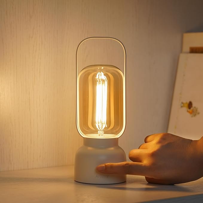 Retro Cordless Lantern Table Lamp, 40 Hours Long Lasting Dimming Night Light, Small Rechargeable Battery Operated Light for Nightstand, Decoration, Gift- White