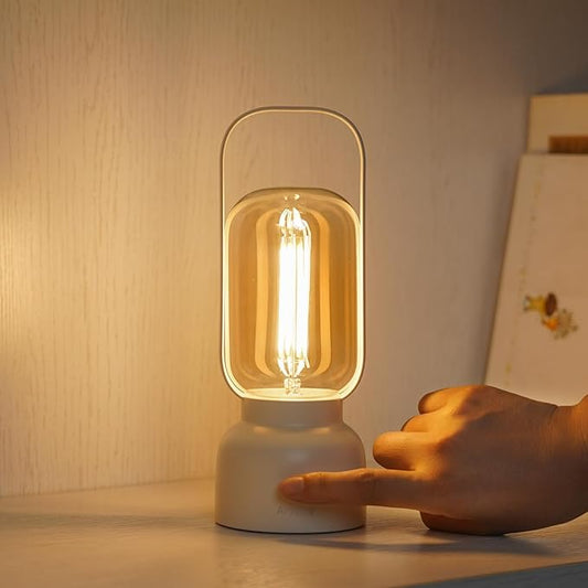 Retro Cordless Lantern Table Lamp, 40 Hours Long Lasting Dimming Night Light, Small Rechargeable Battery Operated Light for Nightstand, Decoration, Gift- White
