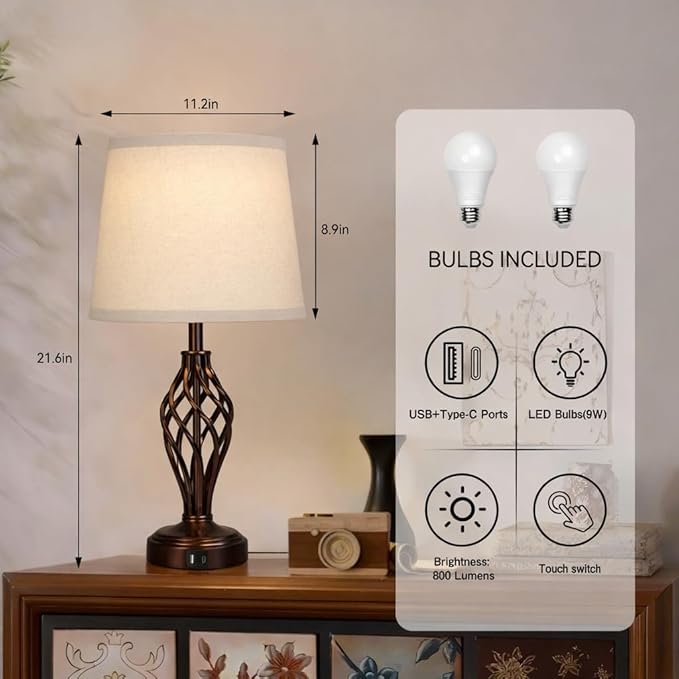 Touch Table Lamps Set of 2, nightstand lamp with USB Ports Bedside 3 Way Touch dimmer Desk lamp for Living Room Bedroom,Brown Plated Spiral cage Base Design Warm White dimmer Bulbs Included.