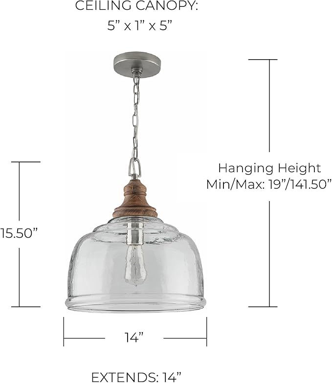 Capital Lighting 330318GY Julian Coastal Style Clear Organic Rippled Glass Pendant with Handcrafted Mango Wood Finial, 1-Light 60 Watt, 16" H x 14" W, Grey Wash