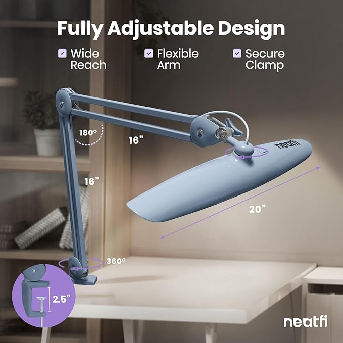 Neatfi XL 2200 Lumens 24W LED Desk Lamp with Clamp - Shadow-Free Task Lighting | 4-Level Dimming | Home Office & Crafts Use | 20-Inch Wide Head (Non-CCT, Gray)