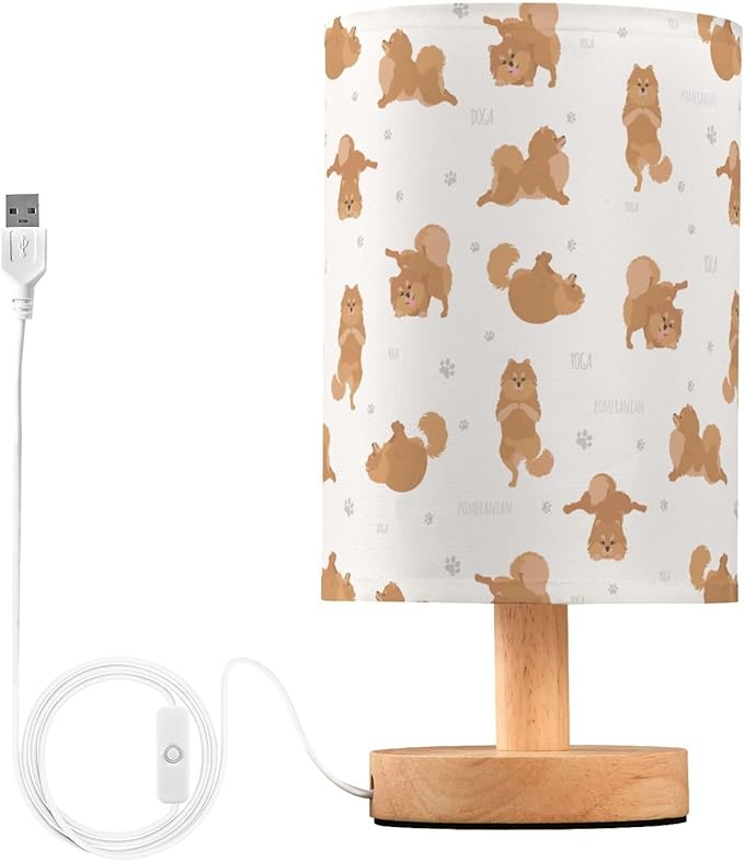 Yoga Pomeranian Dog Pattern Table Lamp with Wood Base Fabric Lamp Shade Bedside Nightstand Desk Lamp for Living Room Bedroom Kids Room Office