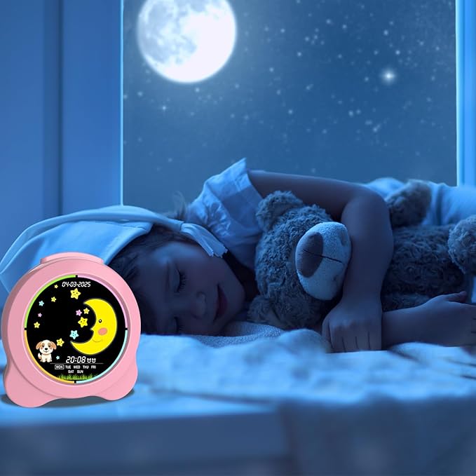 Kids Alarm Clock Sun & Moon LED Display with Day & Date OK to Wake Clock with Night Light for Kids Children's Sleep Trainer Gift for Boy and Girls (Pink)