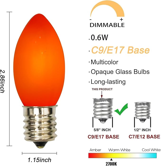 GOOTHY 25 Pack C9 LED Red Christmas Lights Bulbs, 0.6W Shatterproof Red C9 Replacment Bulbs for Christmas Outdoor Patio String Lights, LED E17 Base Bulb, Night Light Bulbs, Dimmable