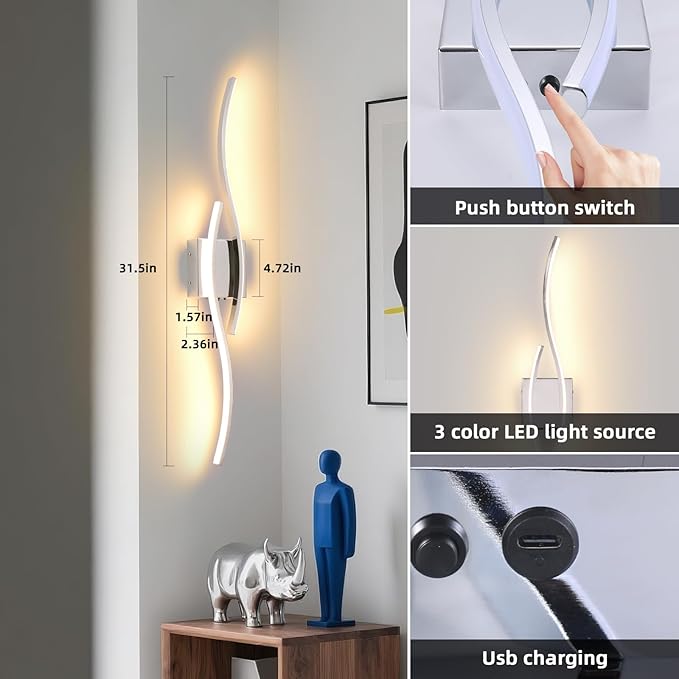 Battery Operated Wall Sconce, Silver LED Battery Wall Light dimming with Remote Control, 31.4Inch Rechargeable Chrome Wireless Wall Lights for Living Room, Bedroom, and Stairs Wall Sconces (2 Pack)