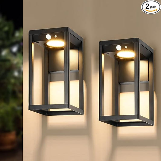 Solar Outdoor Wall Lights with Motion Sensor - 600 Lumen Aluminum Solar Sconce Lights Outdoor, Dusk to Dawn Wall Lantern for Garage, Porch, Front Door. IP44 Waterproof, 2 Pack, Black