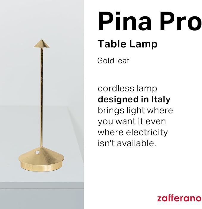 Zafferano, Pina Pro Lamp with Gold Leaf, Rechargeable Cordless Table Lamp with Touch Controls, Usable as an Indoor Lamp, Dimmer, 2200-3000 K, Height 11.4 Inches