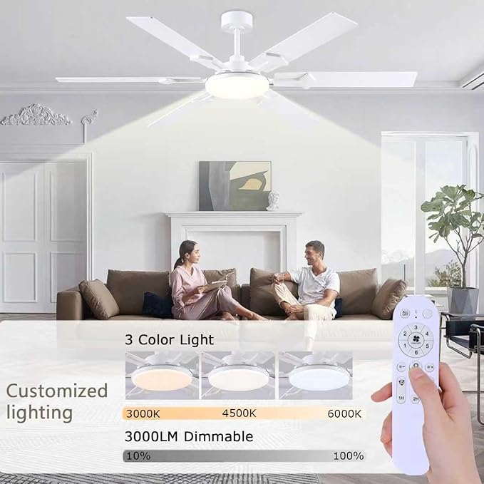 66 Inch White Ceiling Fans with Lights, Modern Large Ceiling Fan with Remote & APP Control, Reversible DC Motor, 6 Double-Sided Blades, 6 Speeds, Silent, Timer, for Living Room Indoor Outdoor