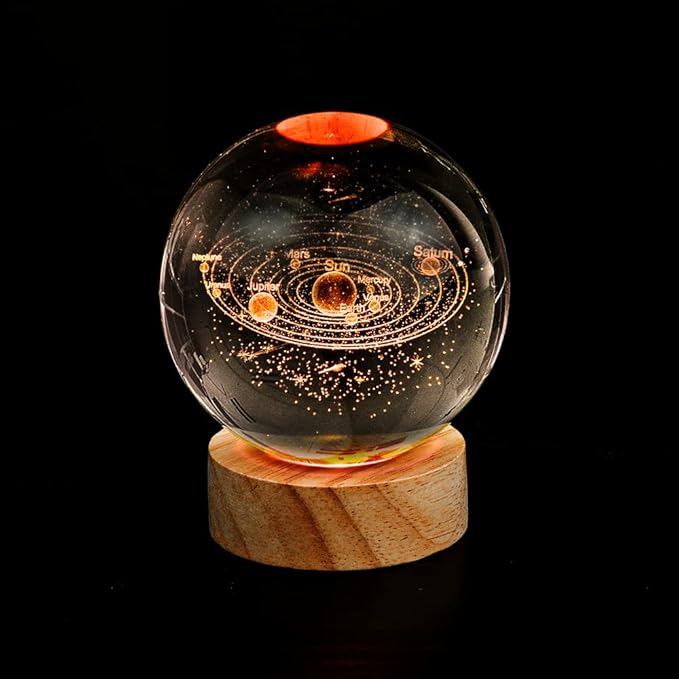 3D Solar System Crystal Ball Night Light with 16 Color LED Wooden Base, Upgraded 3.15 In Galaxy Planets Glass Ball Lamp with Remote Control Cool Astronomy Desk Decor Gifts for Kids Girls Boys Friends
