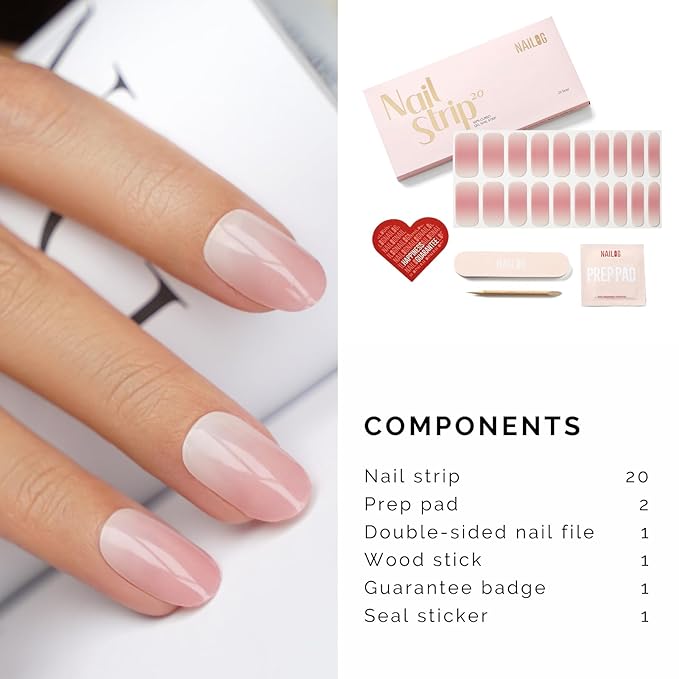 NAILOG 20 Pcs Clear Pink Gel Nail Strips - Extra Long Nail Wraps with Glossy Gel Finishing for Spring Summer Gradient Color, Tutu