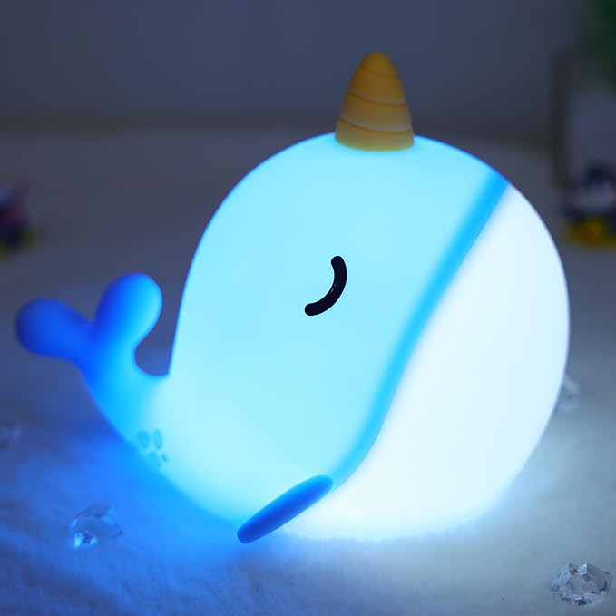 Blue Narwhal Night Light, Cute Squishy Silicone Lamp, Dimmable Touch Control Narwhal Gifts for Boys Girls, Ocean Animal Nursery Lamp for Birthday Christmas Decor