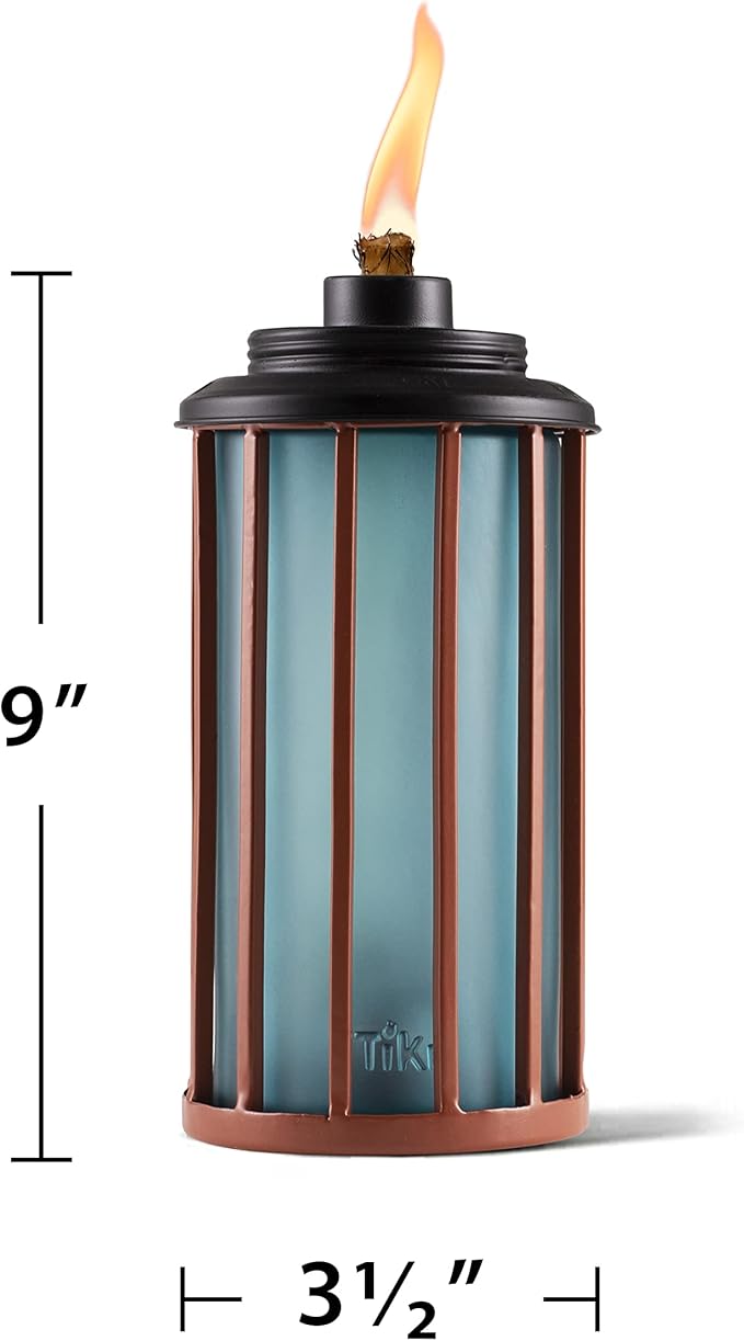 TIKI 2-Pack Retro Stripe Glass Torches, 65-Inch Outdoor Decorative Torches for Patio, Backyard & Garden, Easy Install with Refillable Canister, Long-Lasting Wick & Snuffer, Blue & Copper