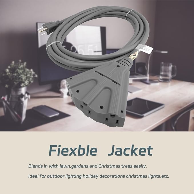 EP 2 Pack 10 Ft Outdoor Extension Cord with 3 Electrical Power Outlets - 16/3 SJTW Grey Cable with 3 Prong Grounded Plug for Safety Great for Christmas Lights, Garden and Major Appliances