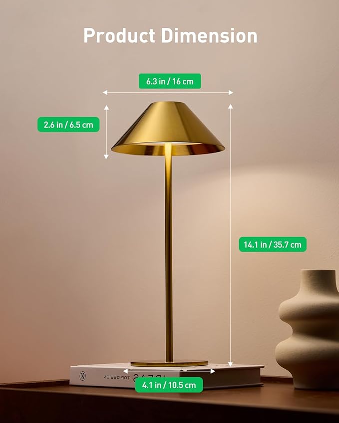 Bojim Gold Cordless Table Lamp, Rechargeable Touch Lamps with 3 Color Dimming, Wireless Battery Operated Lamp for Bedroom/Living Room