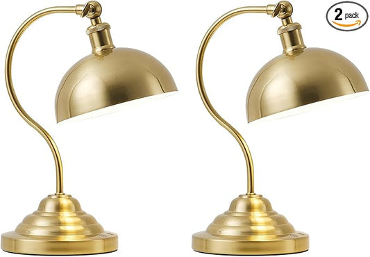 Cordless LED Table Lamp Set of 2, Battery Operated Desk Lamps with Swing Arm & Plastic Shade, Vintage Small Rechargeable Dimmable Light for Bedroom, Living Room, Nightstand, Brass