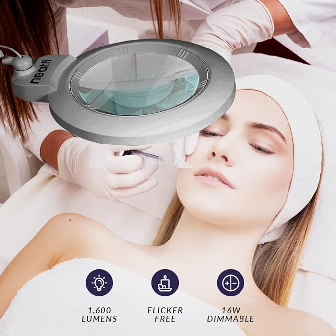Neatfi XL Bifocal LED Magnifying Lamp – 7-Inch Acrylic Lens, 2.25x & 6X Magnification, 1,600 Lumens, Dimmable LED, Adjustable Arm, Hands-Free Close Work (Silver, with Clamp)
