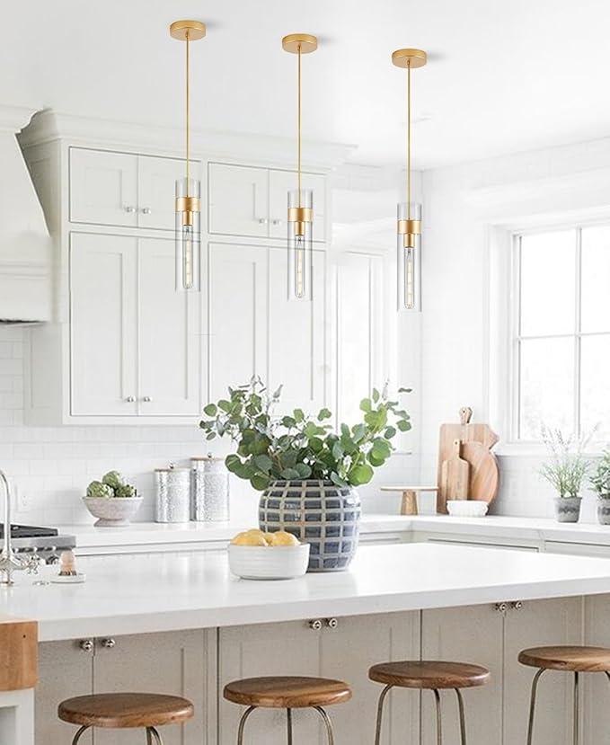 3 Pack Gold Pendant Lights Kitchen Island (Bulbs Included), Adjustable Modern Glass Pendant Light Over Island, Industrial Pendant Light Fixtures for Dining Room Hallway Bedroom Living Room