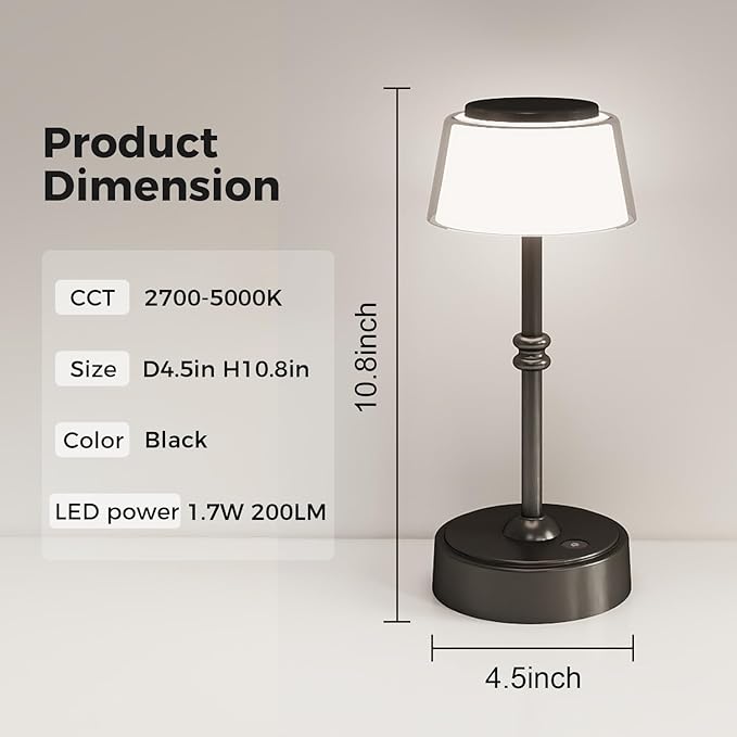 LED Cordless Lamp, 5 Colors Stepless Dimming Table Lamp, Built-in 4400mAh Rechargeable Battery with USB Charging Port, Portable Touch Bedside Light for Patio, Restaurant, Dining(2, Black)