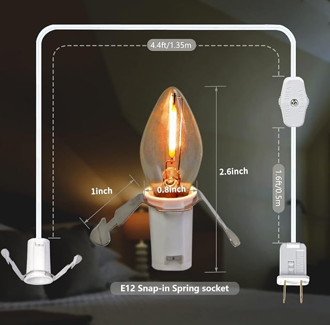 Accessory Cord with LED Night Lights - White Cord with On/Off Switch, Warm White C7 Bulbs and Spare Fuse for Holiday and Home Decoration