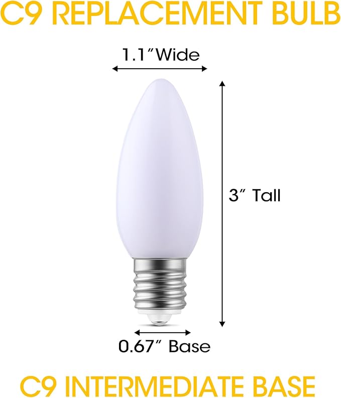 25-Pack Ceramic C9 LED Christmas Light Bulbs, Warm White LED Light Bulbs Holiday Decoration, Warm Christmas Decor for Indoor & Outdoor Use, E17/C9 Intermediate Base (Warm White Smooth)
