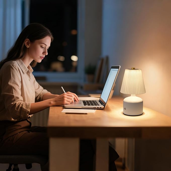 Small Cordless Table Lamp Rechargeable Desk Lamp, 3 Color Stepless Dimming, Metal Base Pleated Table Lamp for Bedside, Bedroom, Dining Room, Living Room (White)