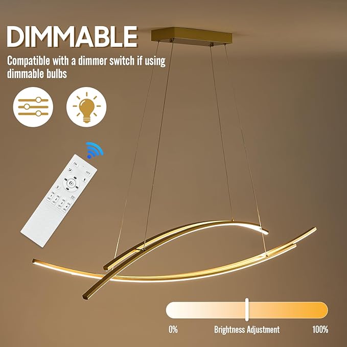 48" Modern LED Chandelier 4-Light Island Light Remote Control Linear LED Chandelier Dimmable Chandeliers Pendant Light for Kitchen Island Over Rectangular Dining Room Table, 45W