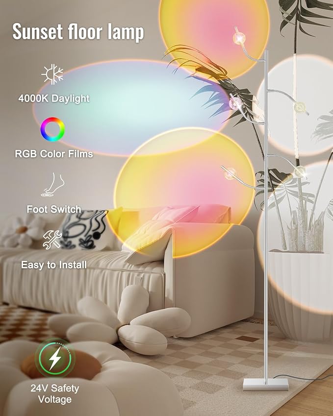 5 Head RGBW Halo Projector Floor Lamp, 4000K LED with Replaceable Color Filters, 71 Inch, 15W, Chrome, Sunset Projection Floor Lamp for Bedroom, Living Room, Game Room
