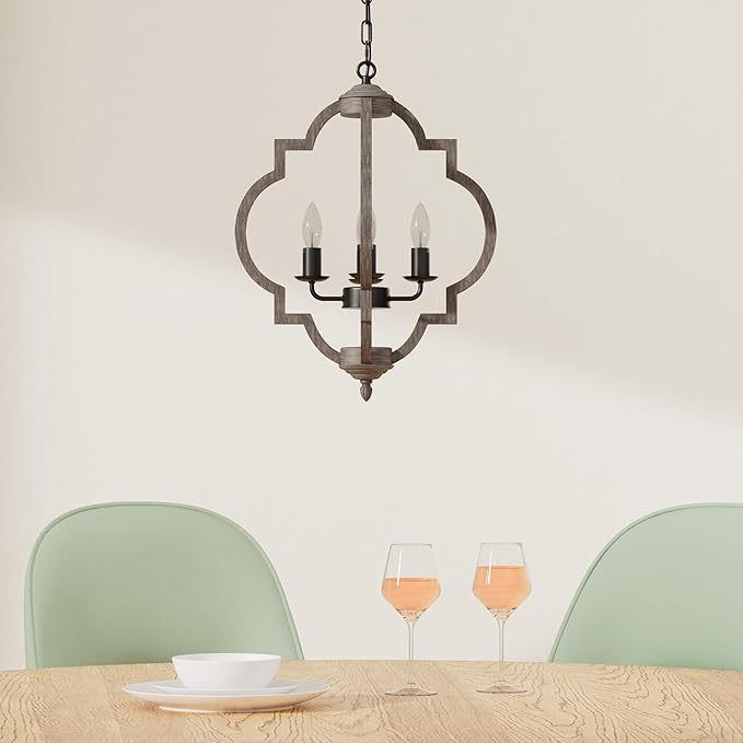 16.14" 4-Light Farmhouse Wood Chandelier, Rustic Orb Pendant Lighting Fixture with Adjustable Chain, Vintage Ceiling Hanging Lights for Foyer Entryway Dining Room Kitchen Island, Handmade Oak Finish