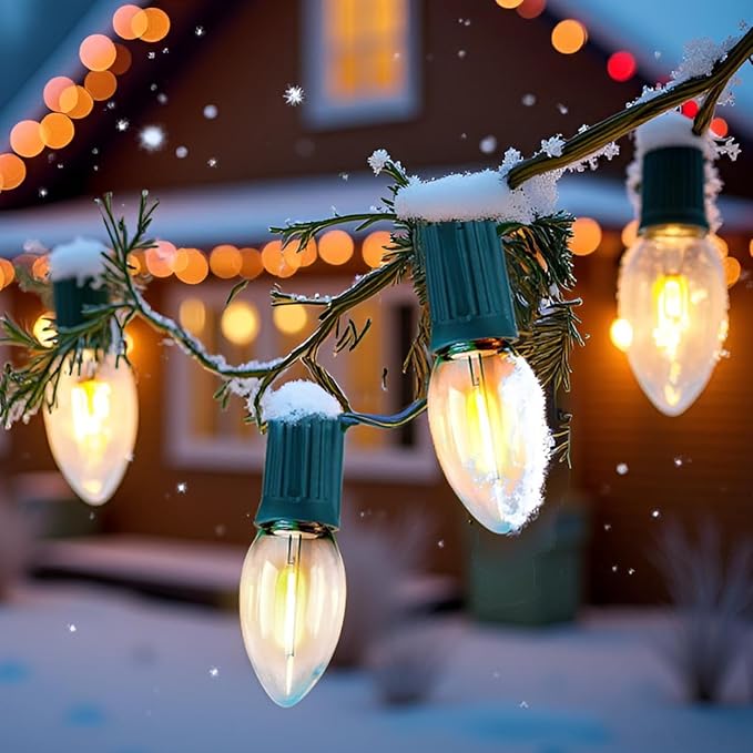 YULETIME Pack of 25 Clear Warm White C9 Replacement Bulbs, Shatterproof LED Light Bulbs for E17 Base Sockets Christmas String Lights
