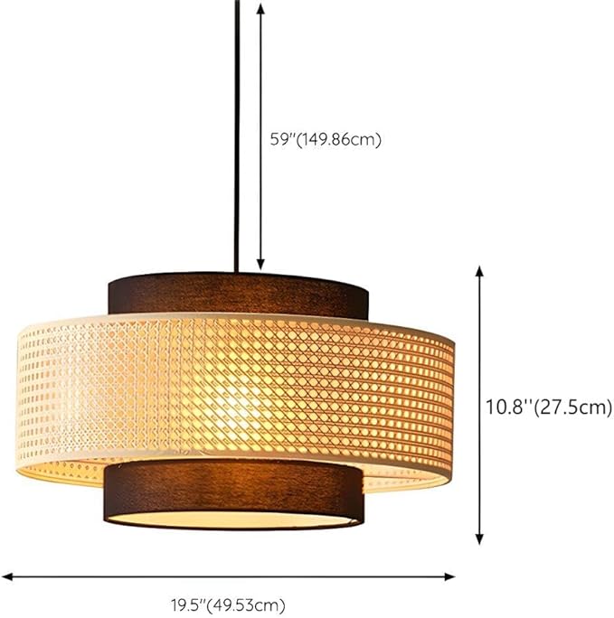 LIGHTLAND Rattan Farmhouse Pendant Light Fixture, Hand Woven Dining Room Pendant Light with Fabric Shade, Rustic Pendant Hanging Light Fixture for Kitchen Island Rattan Pendant Lighting 20''