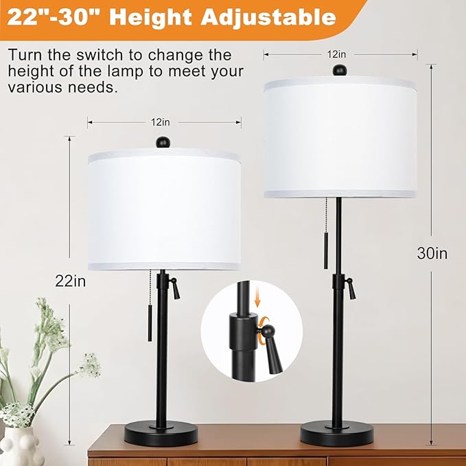 Black Table Lamps for Bedrooms Set of 2: 22" to 30" Height Adjustable Nightstand Lamps with White Linen Shade | Pull Chain Switch | Metal Base 丨3 Color Temperatures Included Beside Lamp (Black)